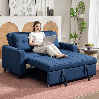 3-in-1 2 Seater Sofa Bed, Convertible Sleeper Sofa with Adjustable Backrest, Fabric Pull Out Loveseat Bed with 2 Pillows, Side Pockets and Cup Holders for Living Room, Bedroom, Dark Blue
