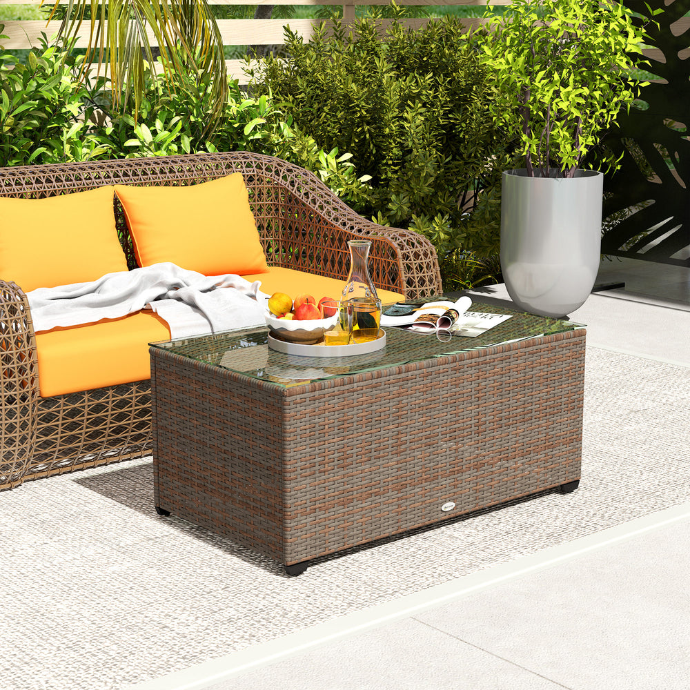 Outdoor Coffee Table, Glass Top Rattan Side Table, Brown