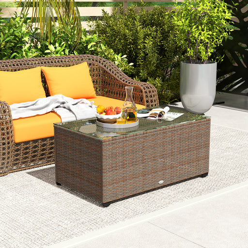 Outdoor Coffee Table, Glass Top Rattan Side Table, Brown