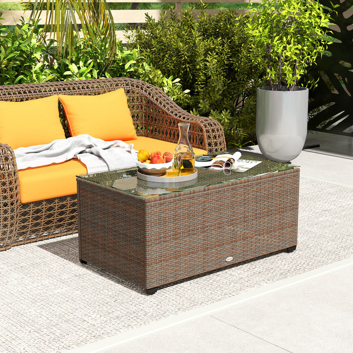 Outdoor Coffee Table, Glass Top Rattan Side Table, Brown