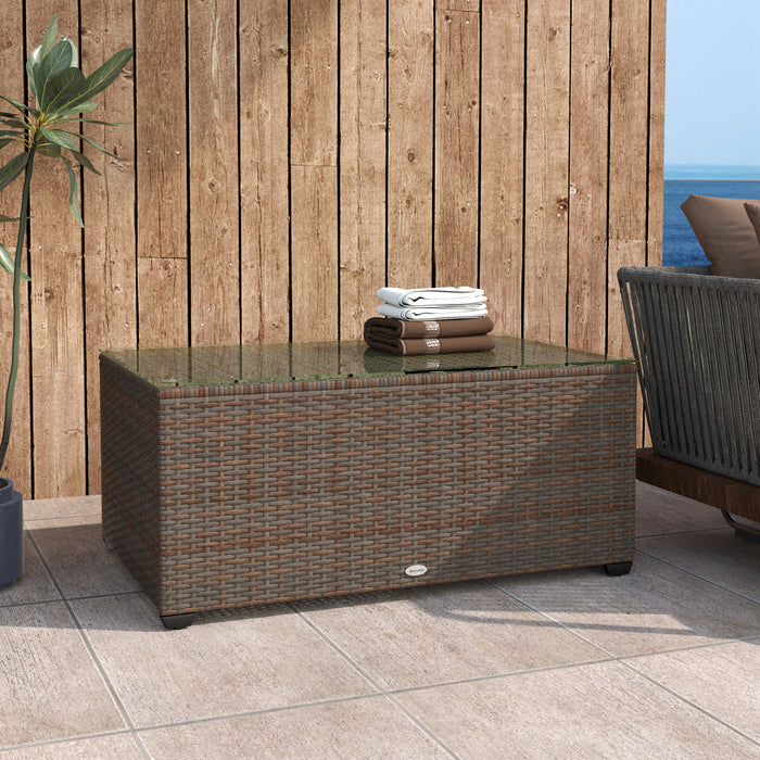 Outdoor Coffee Table, Glass Top Rattan Side Table, Brown