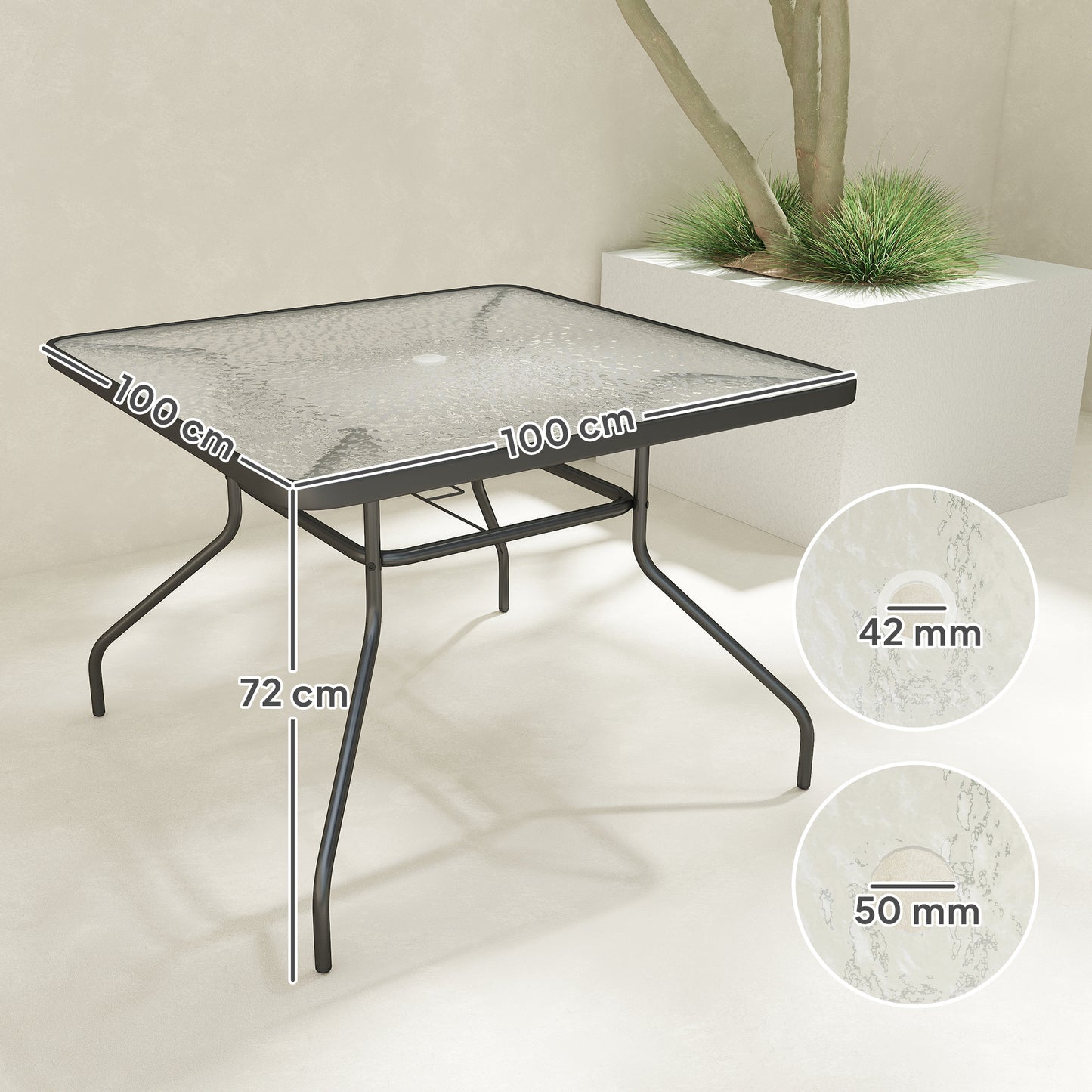 Square Patio Table, Glass Top Garden Dining Table 100 x 100cm