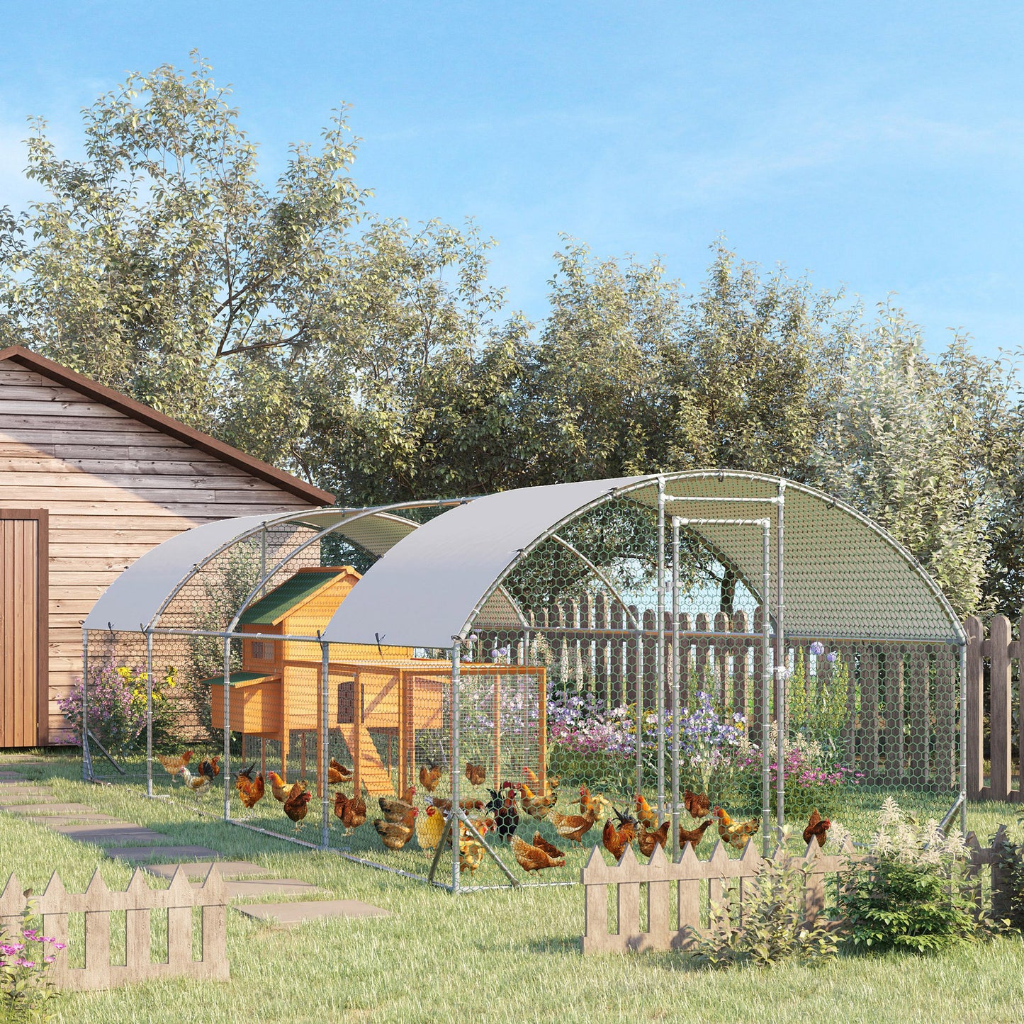 Walk-In Chicken Run Galvanised Chicken Coop w/ Covers 7.6 x 2.8 x 2m