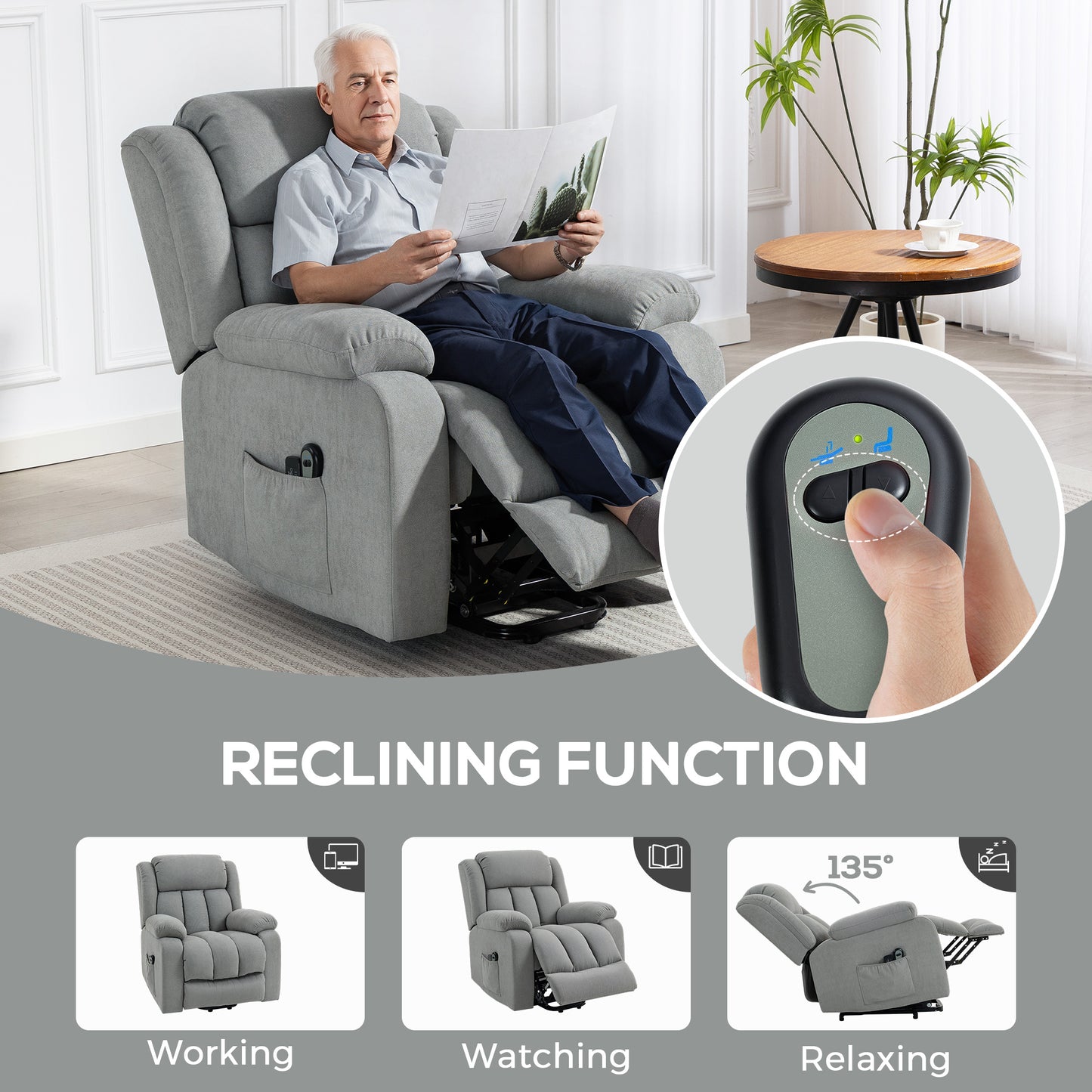 Power Lift Recliner Chair for Elderly with Massage, Light Grey