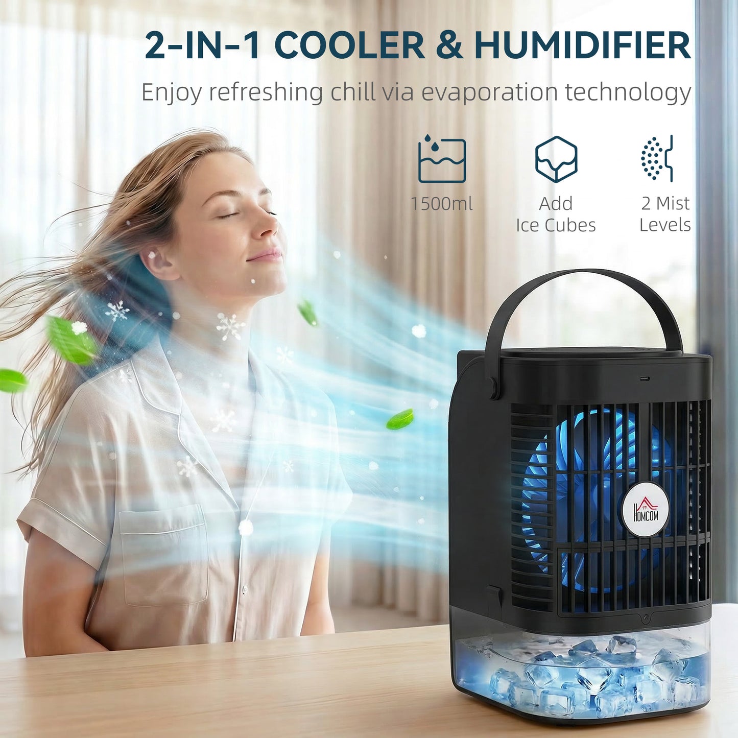 4-in-1 Mini Air Cooler with RGB 7 LED Light, Cooling Fan, Black