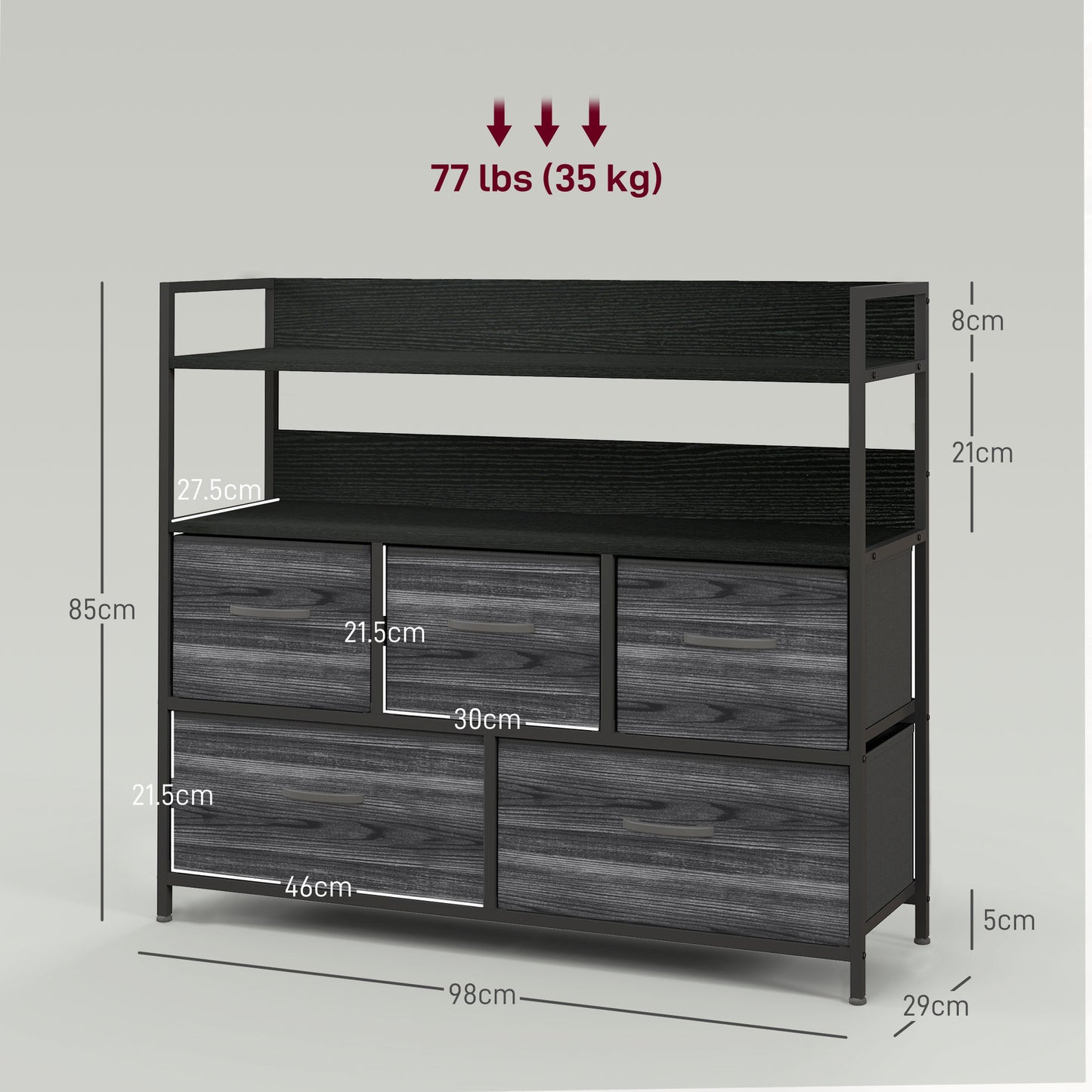 Bedroom Chest of Drawers 5 Drawer Dresser w/ Shelves, Black