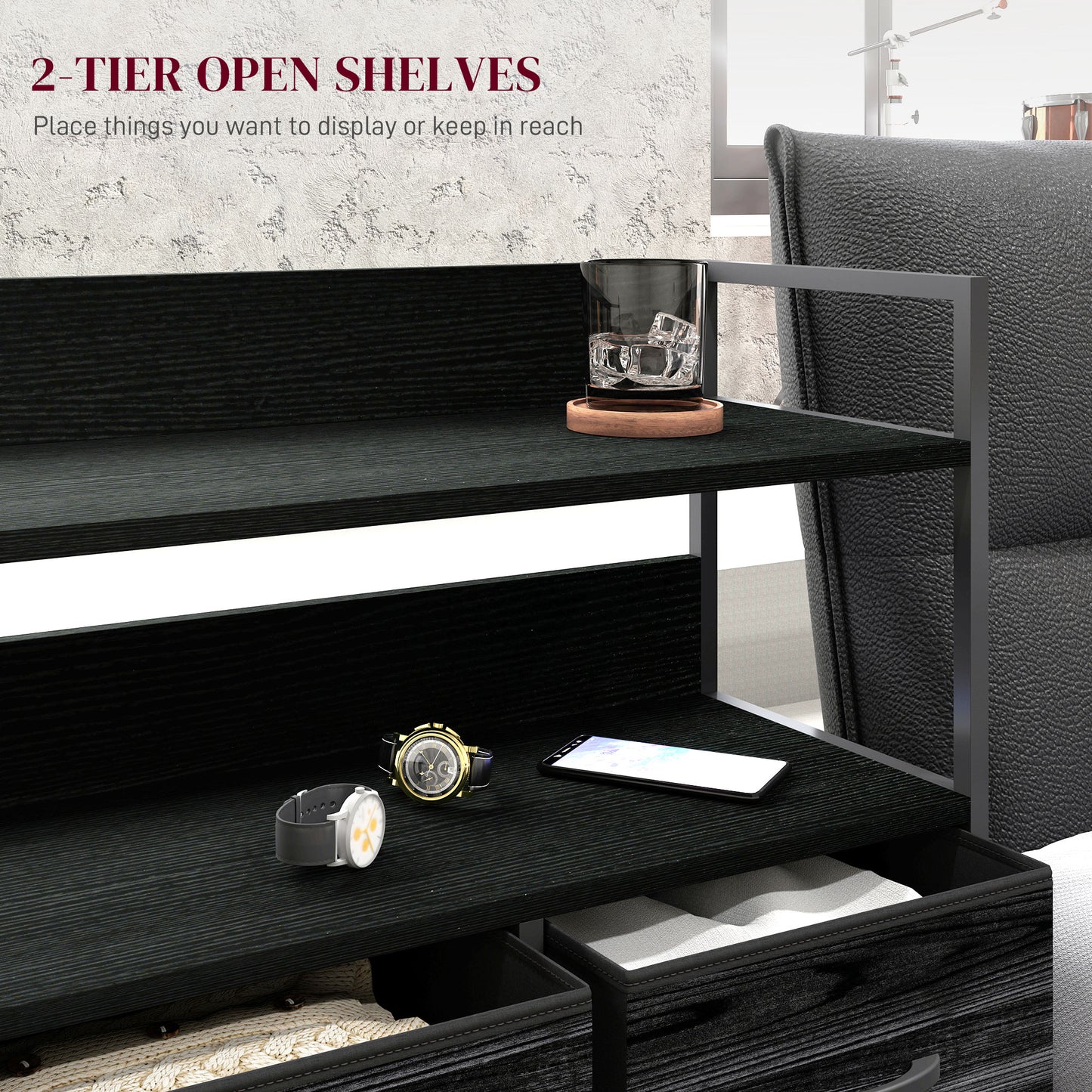 Bedroom Chest of Drawers 5 Drawer Dresser w/ Shelves, Black