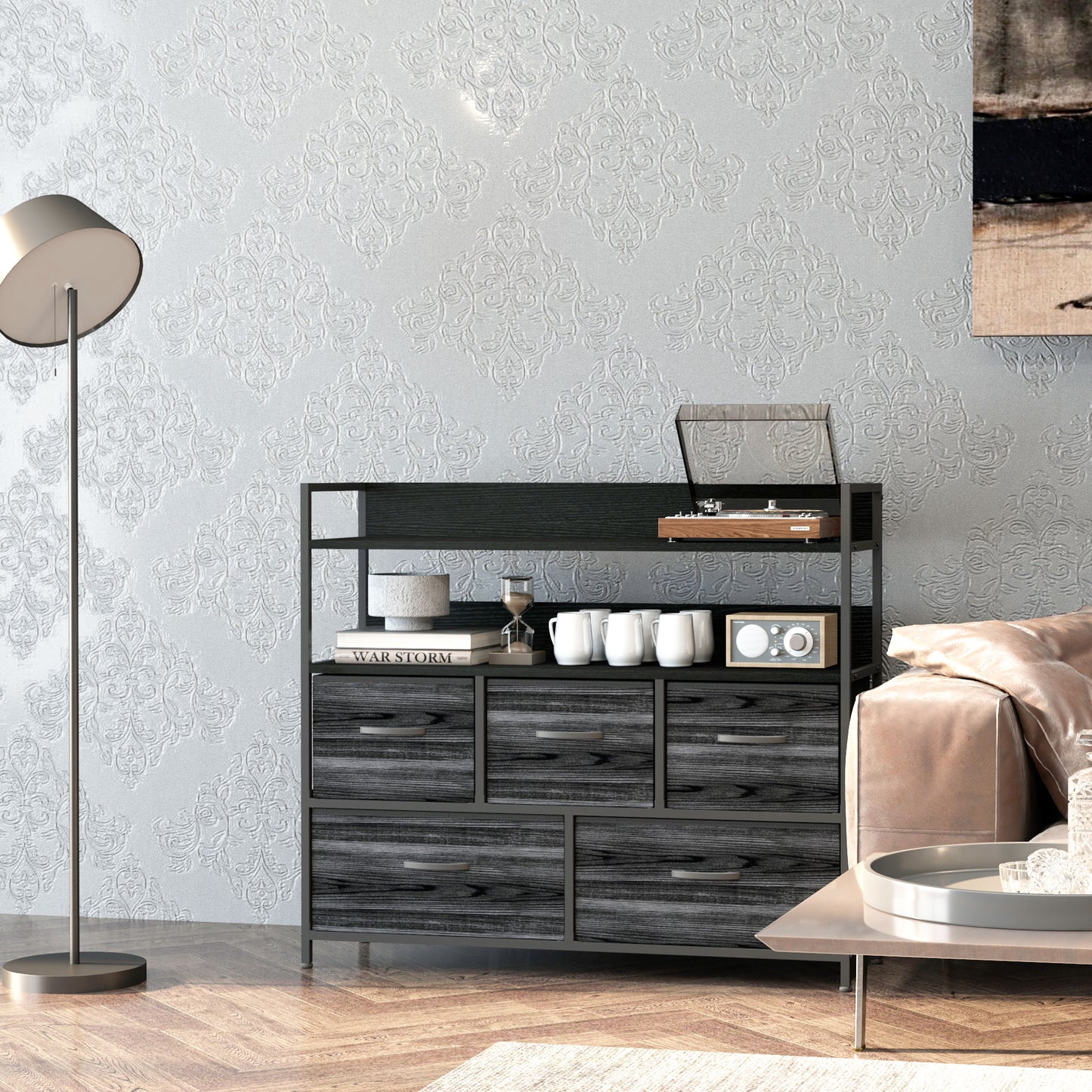 Bedroom Chest of Drawers 5 Drawer Dresser w/ Shelves, Black