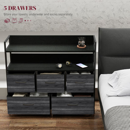 Bedroom Chest of Drawers 5 Drawer Dresser w/ Shelves, Black