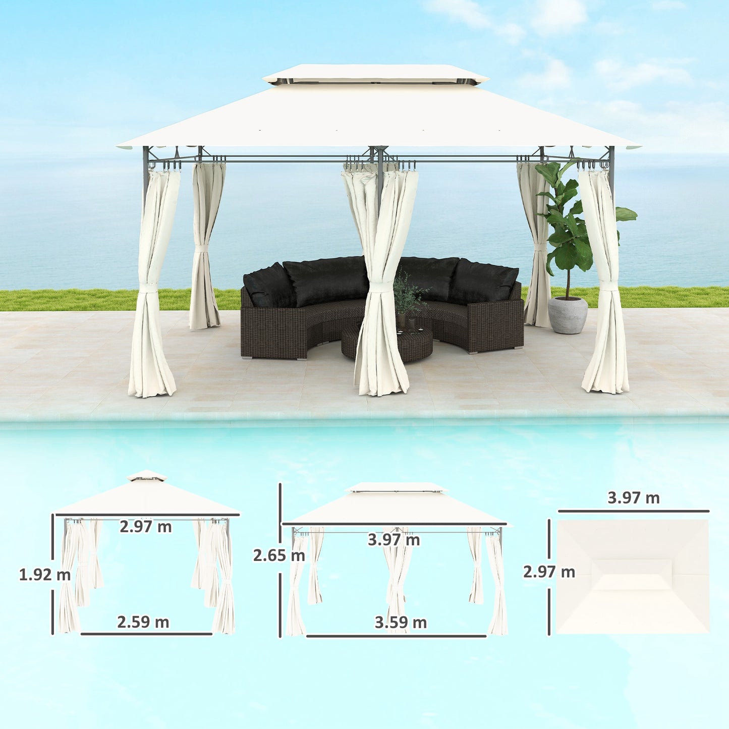 3 x 4m Garden Gazebo with Sides, Double Roof Metal Gazebo, White