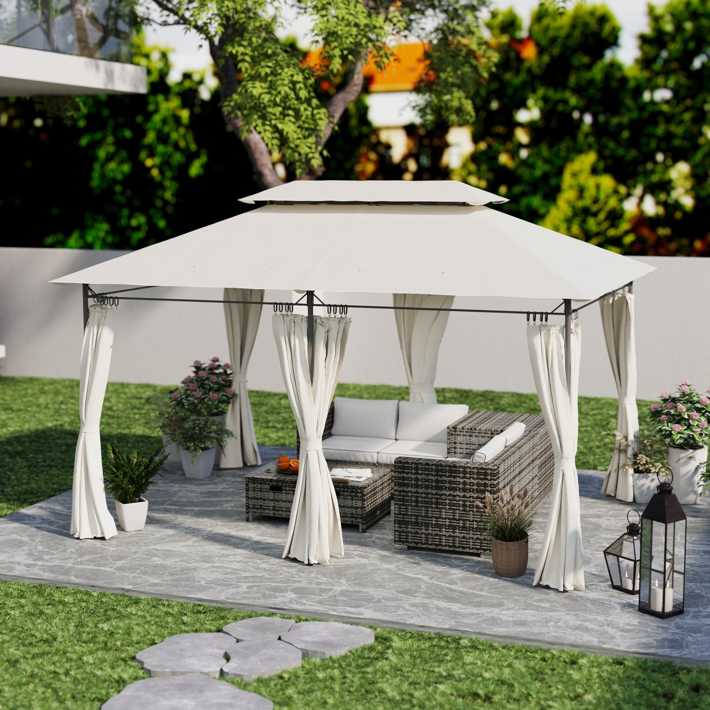 3 x 4m Garden Gazebo with Sides, Double Roof Metal Gazebo, White
