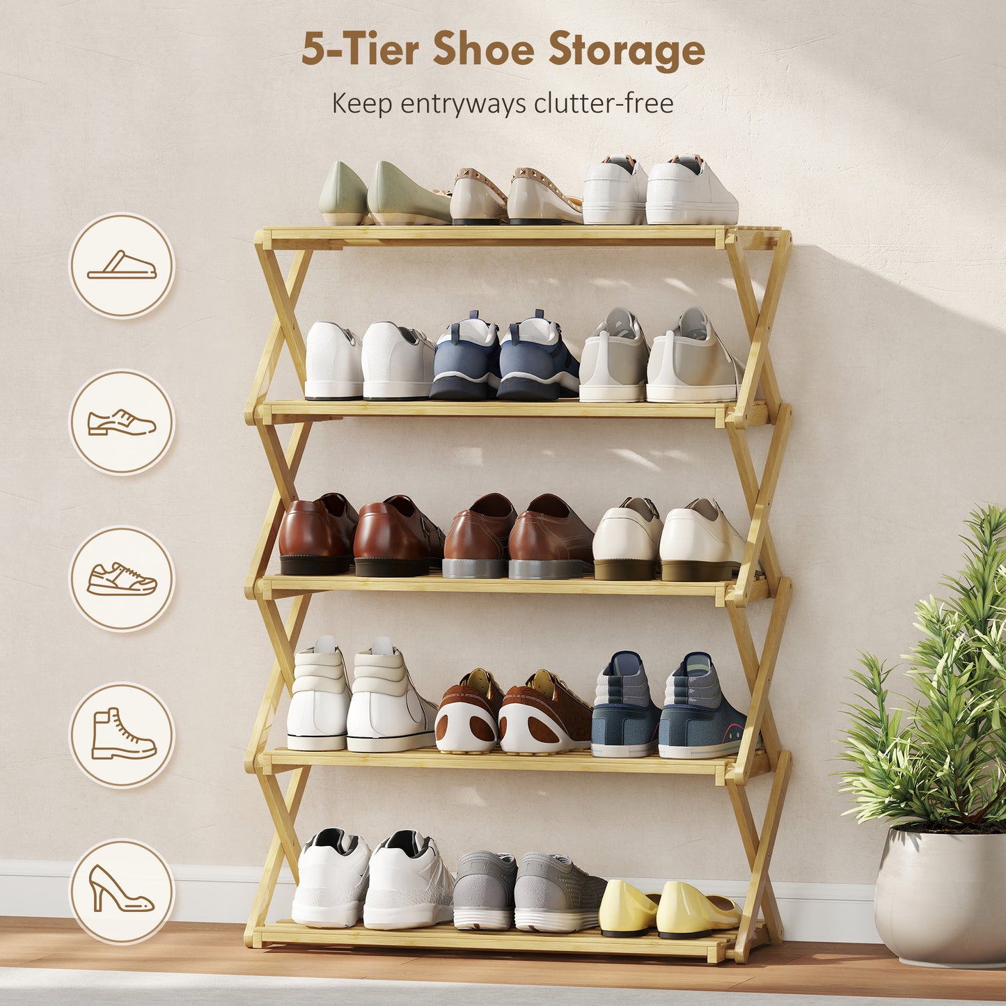 5-Tier Bamboo Shoe Rack, Folding Shoe Shelf, Holds up to 15 Pairs