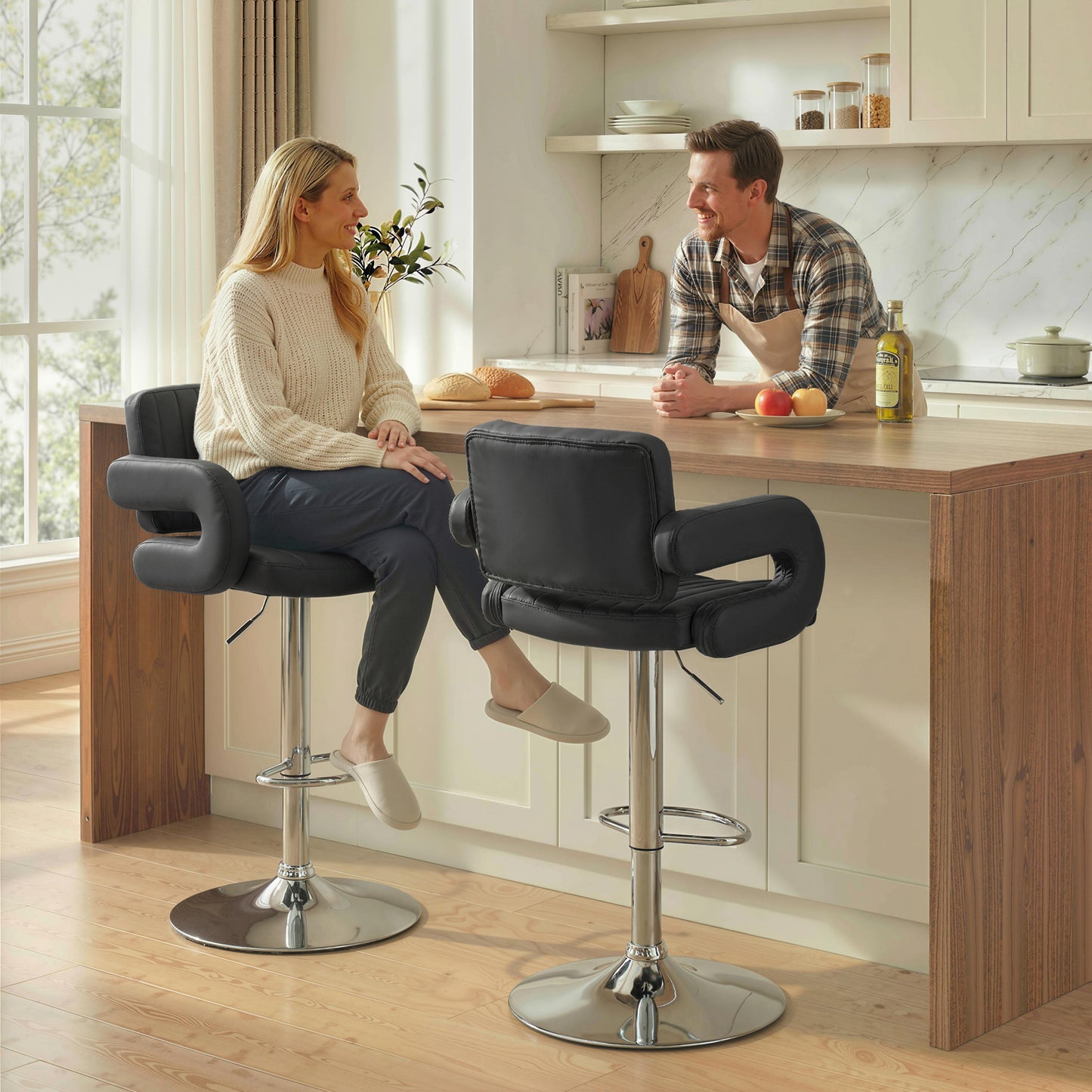 Bar Stools Adjustable Swivel with Armrest Set of 2 Black