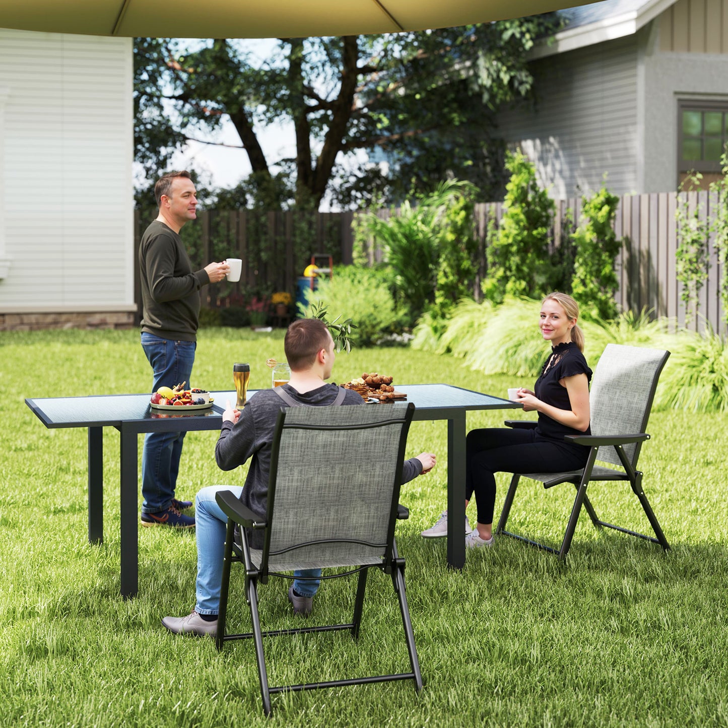 2PCS Folding Chair w/ Breathable Mesh Fabric Seat, Black and Grey