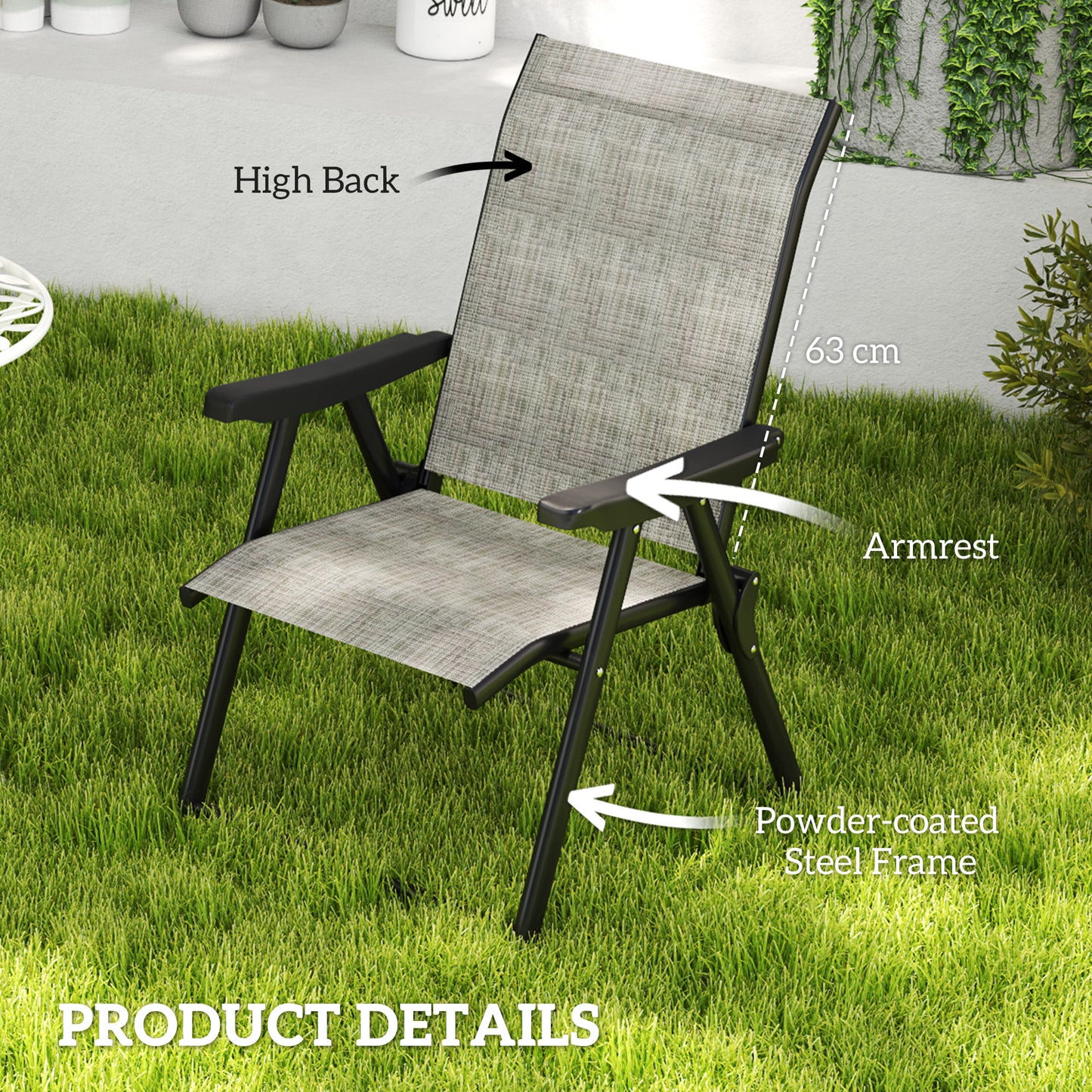 2PCS Folding Chair w/ Breathable Mesh Fabric Seat, Black and Grey