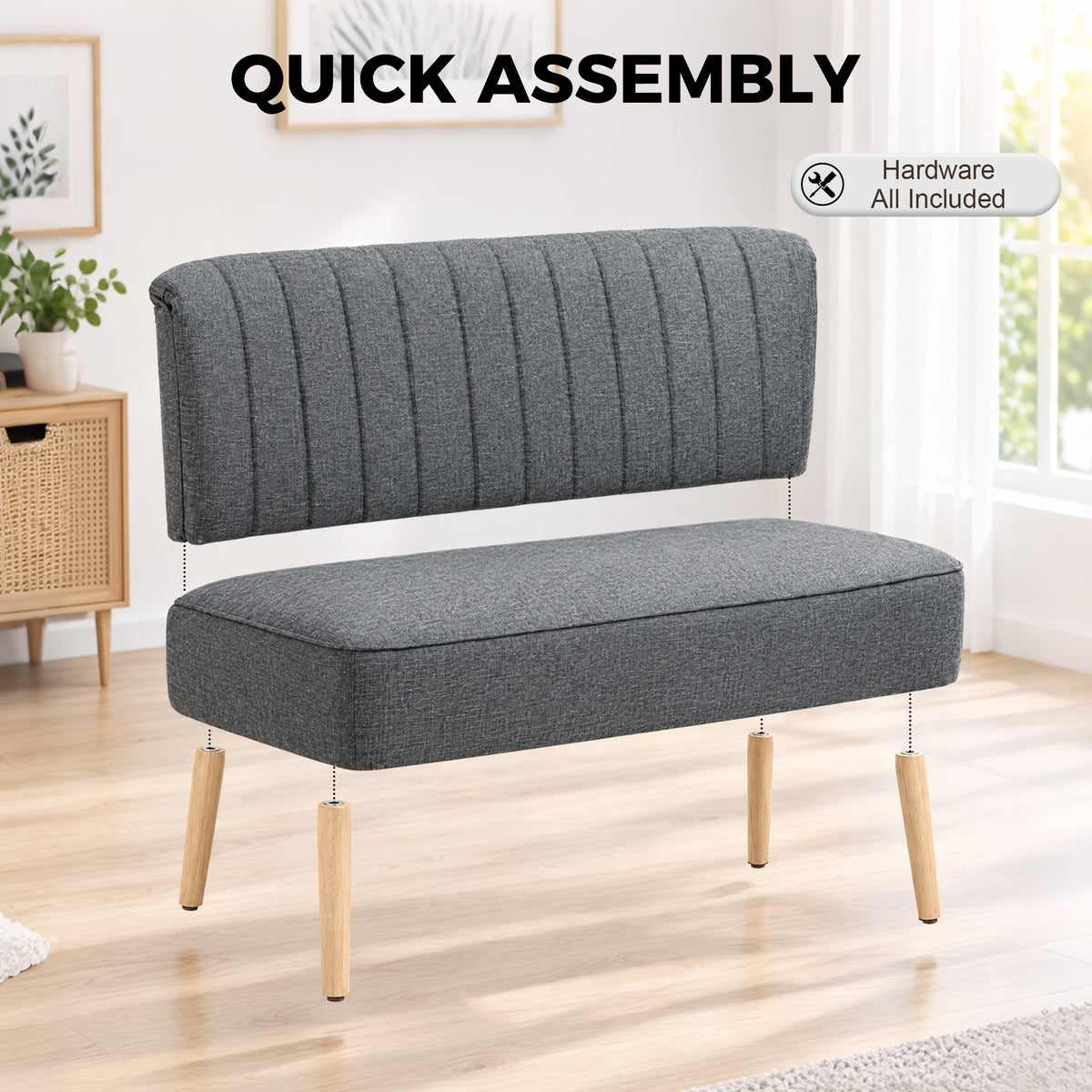 Compact 2-Seater Linen-Effect Sofa with Wooden Legs - Dark Grey