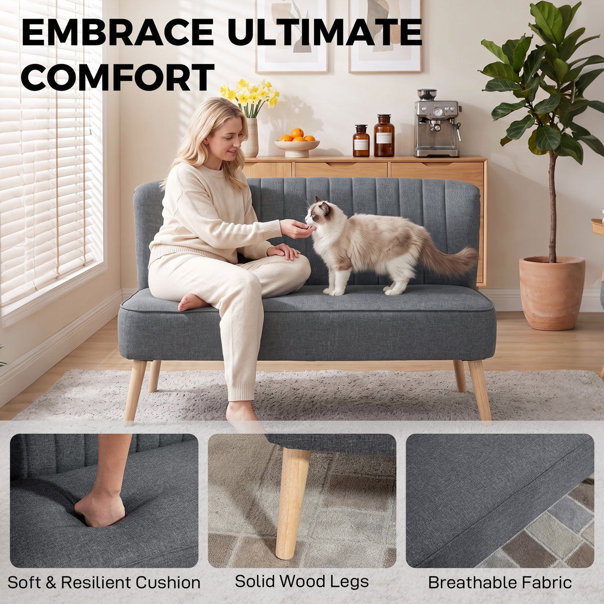 Compact 2-Seater Linen-Effect Sofa with Wooden Legs - Dark Grey