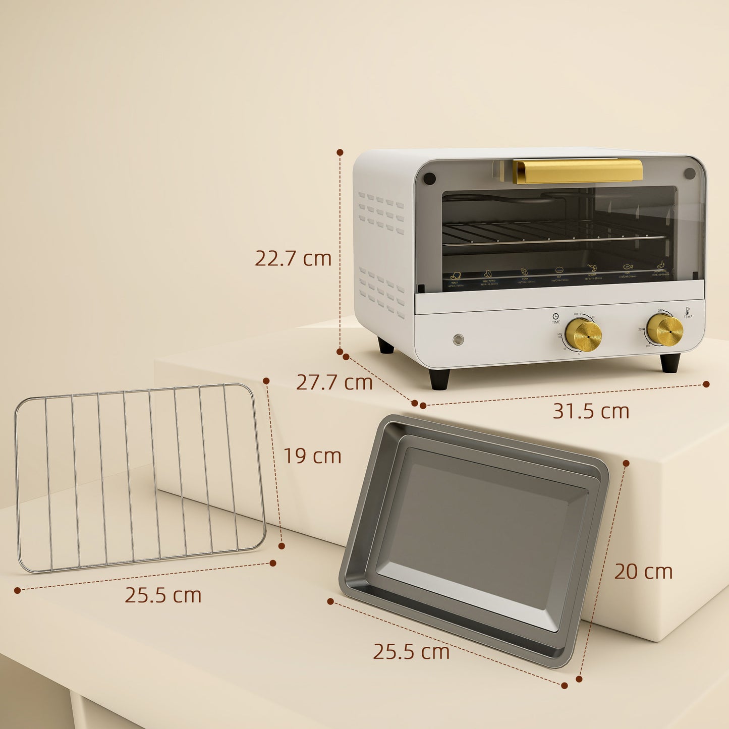 Small Toaster Oven, 12L Mini Countertop Oven with Glass Door, White