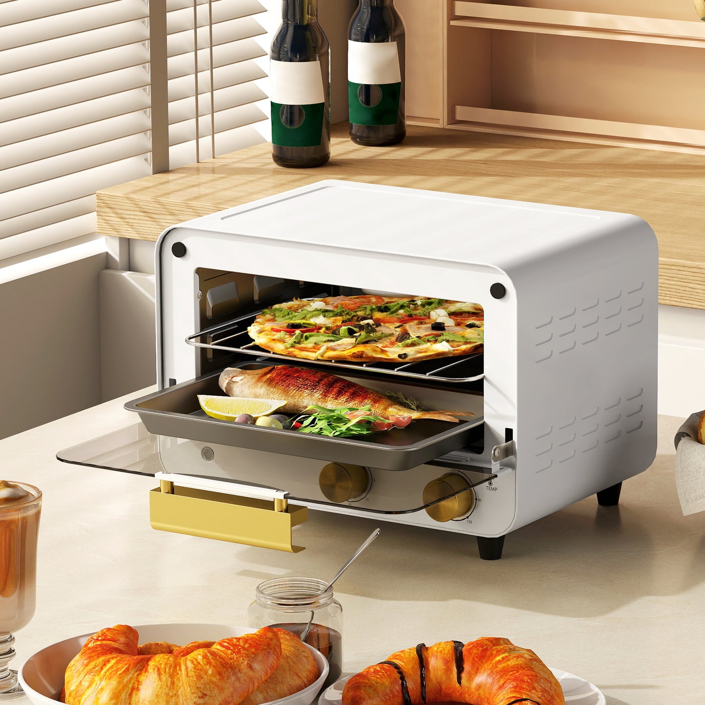Small Toaster Oven, 12L Mini Countertop Oven with Glass Door, White
