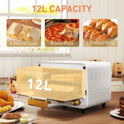 Small Toaster Oven, 12L Mini Countertop Oven with Glass Door, White