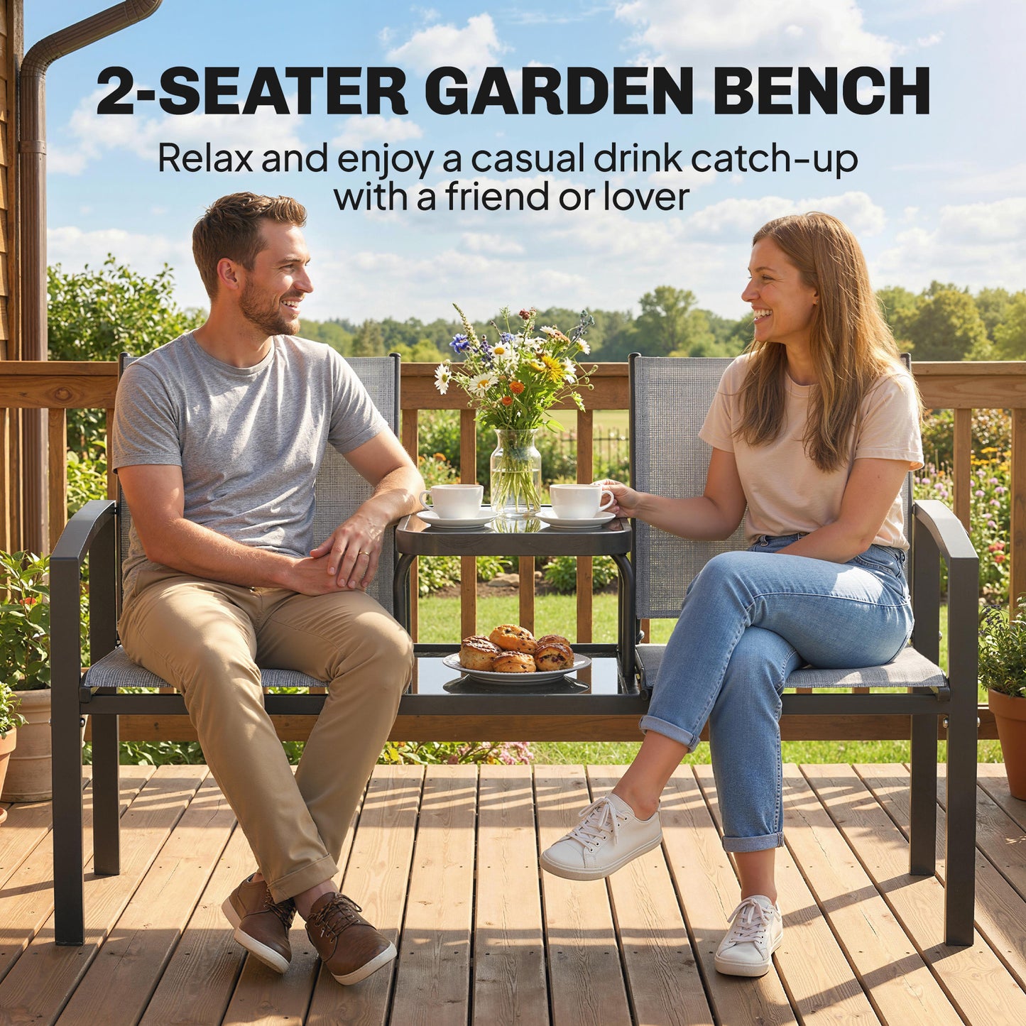 Garden Love Seat with 2-Tier Table, 2 Seater Jack & Jill Loveseat