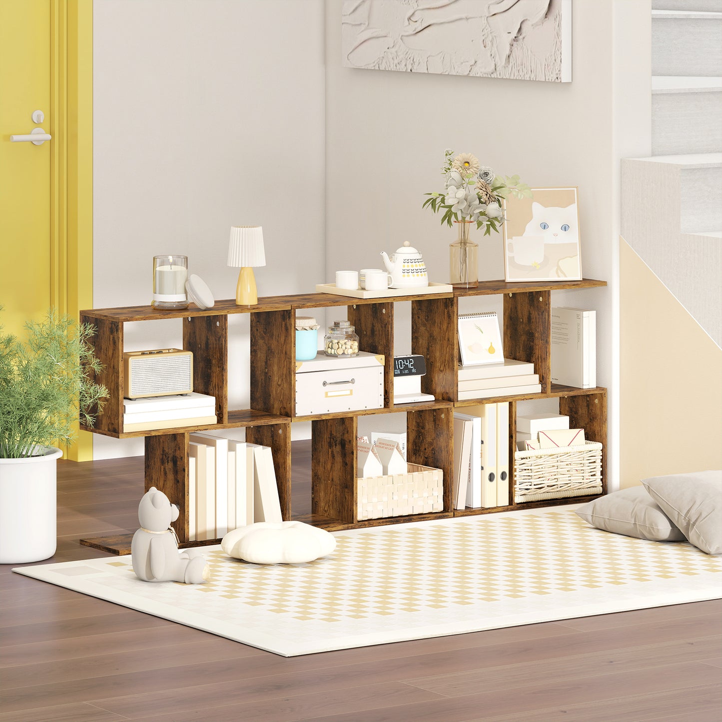 Side Table, Narrow End Table with Storage Shelves, Rustic Brown