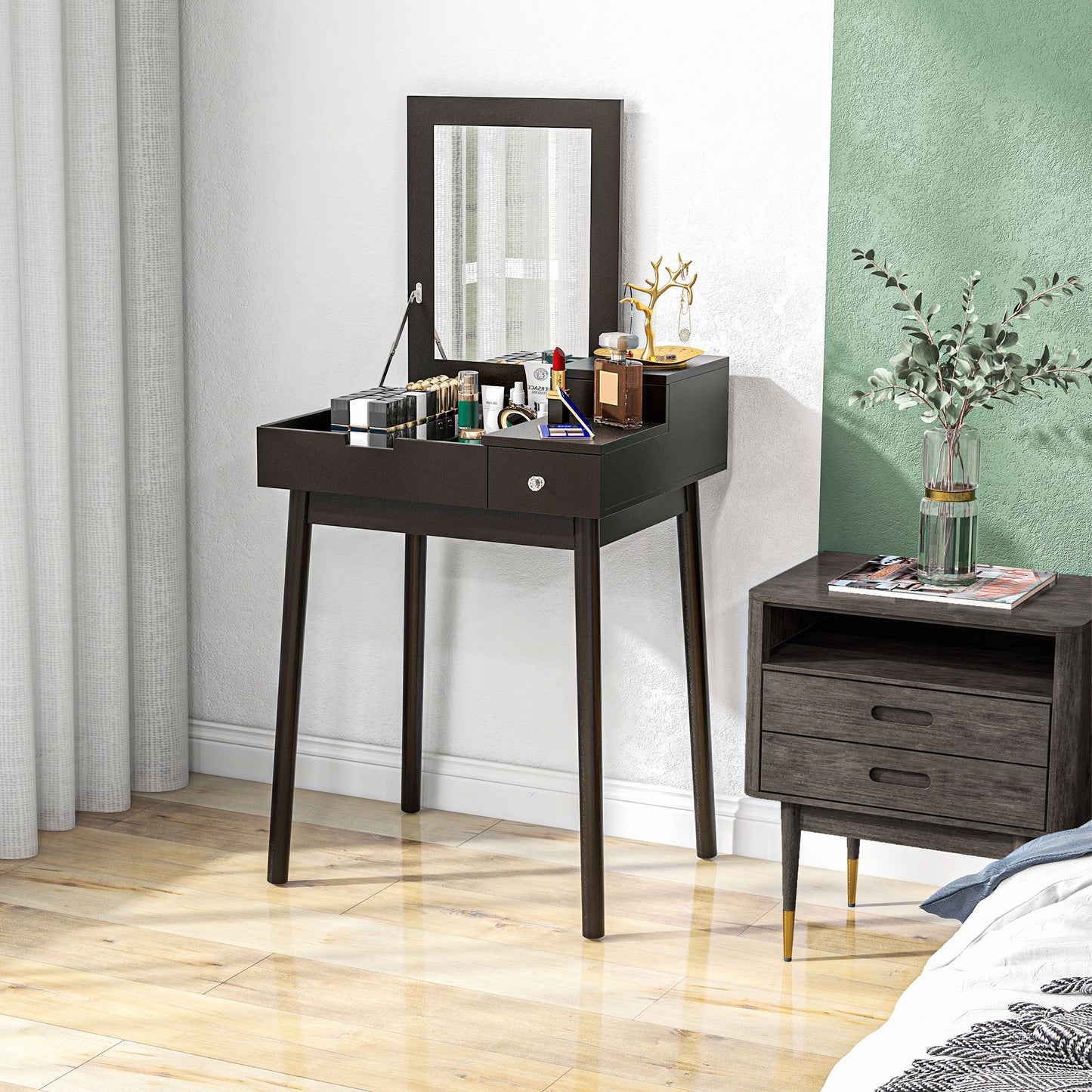 Dressing Table Vanity Desk Flip-up Mirror 2 Drawers, Black
