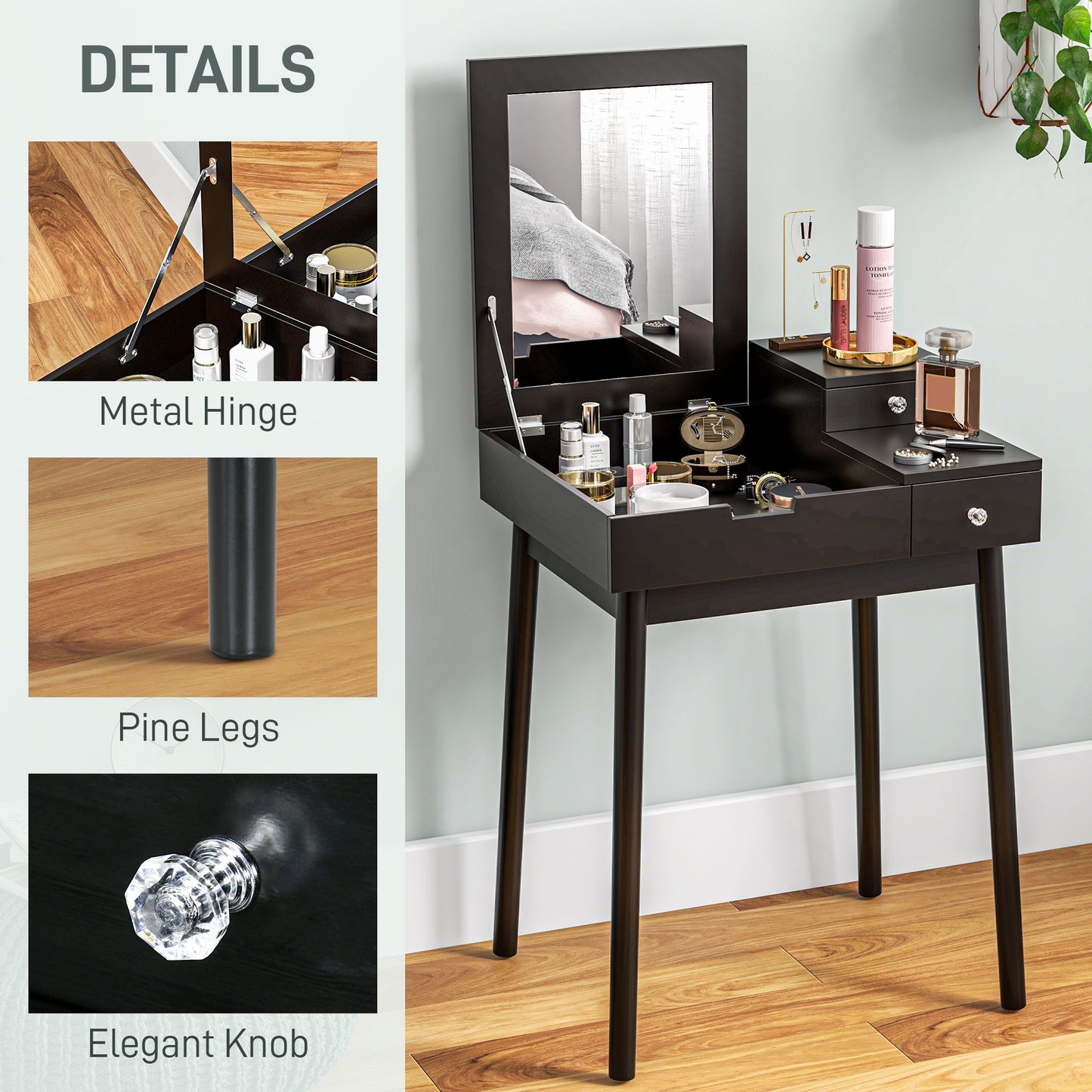Dressing Table Vanity Desk Flip-up Mirror 2 Drawers, Black