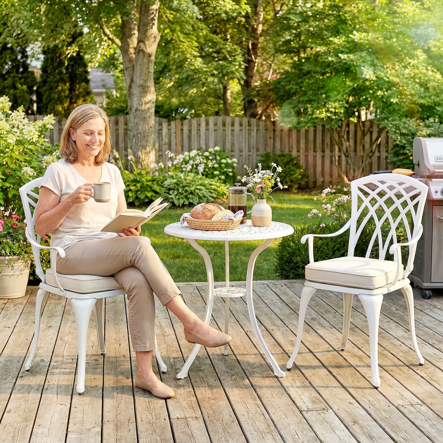 3 PCs Aluminium Garden Coffee Table Set w/ Parasol Hole & Cushions