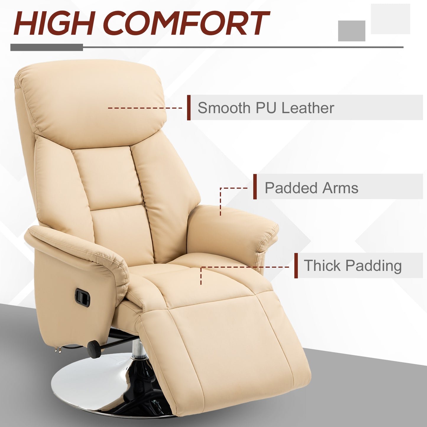 Adjustable Swivel Recliner with Footrest, Padded Arms, Beige