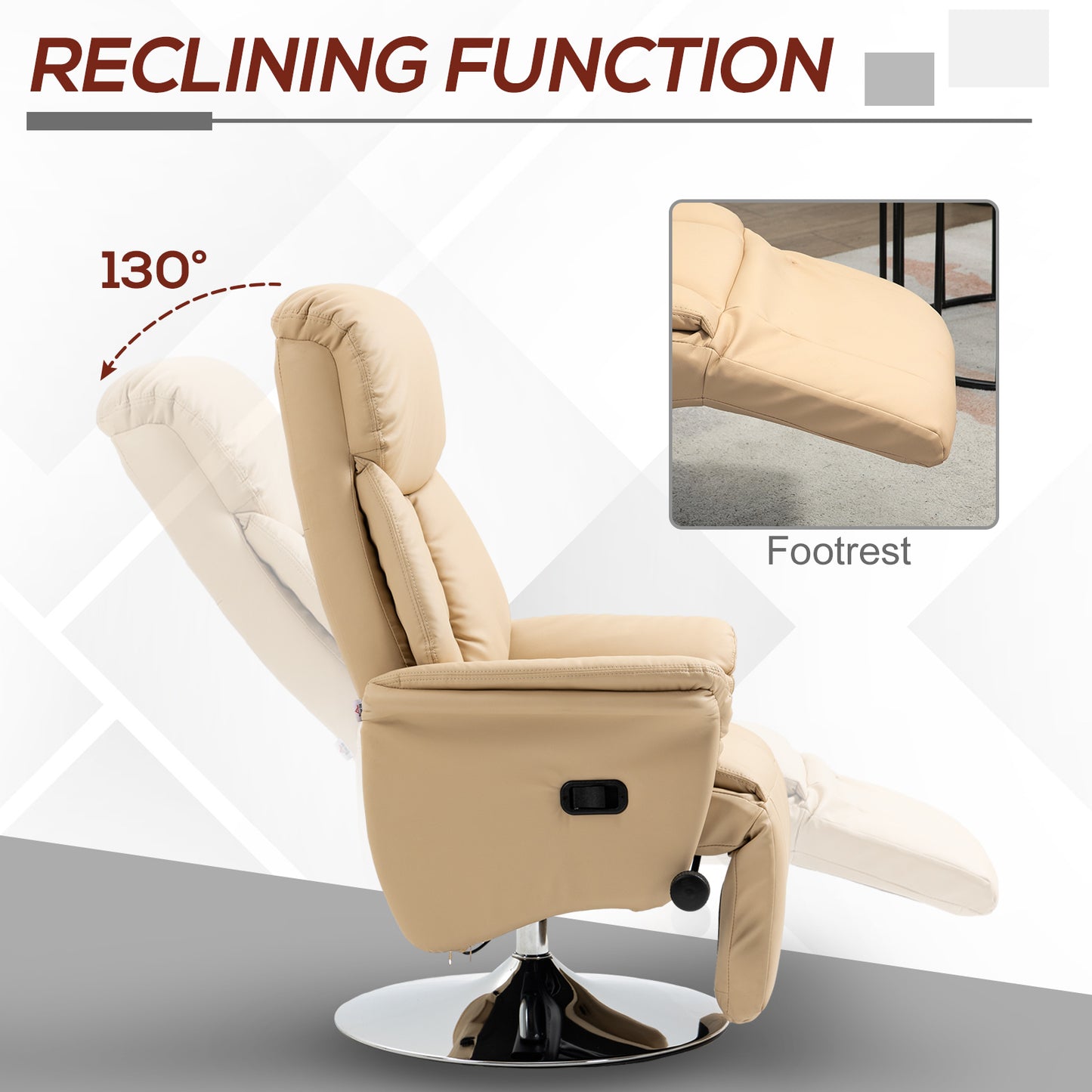 Adjustable Swivel Recliner with Footrest, Padded Arms, Beige