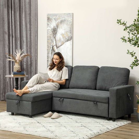 Three Seater Pull Out Sofa Bed L Shape Corner Sofa w/ Reversible Chaise & Storage Space Dark Grey