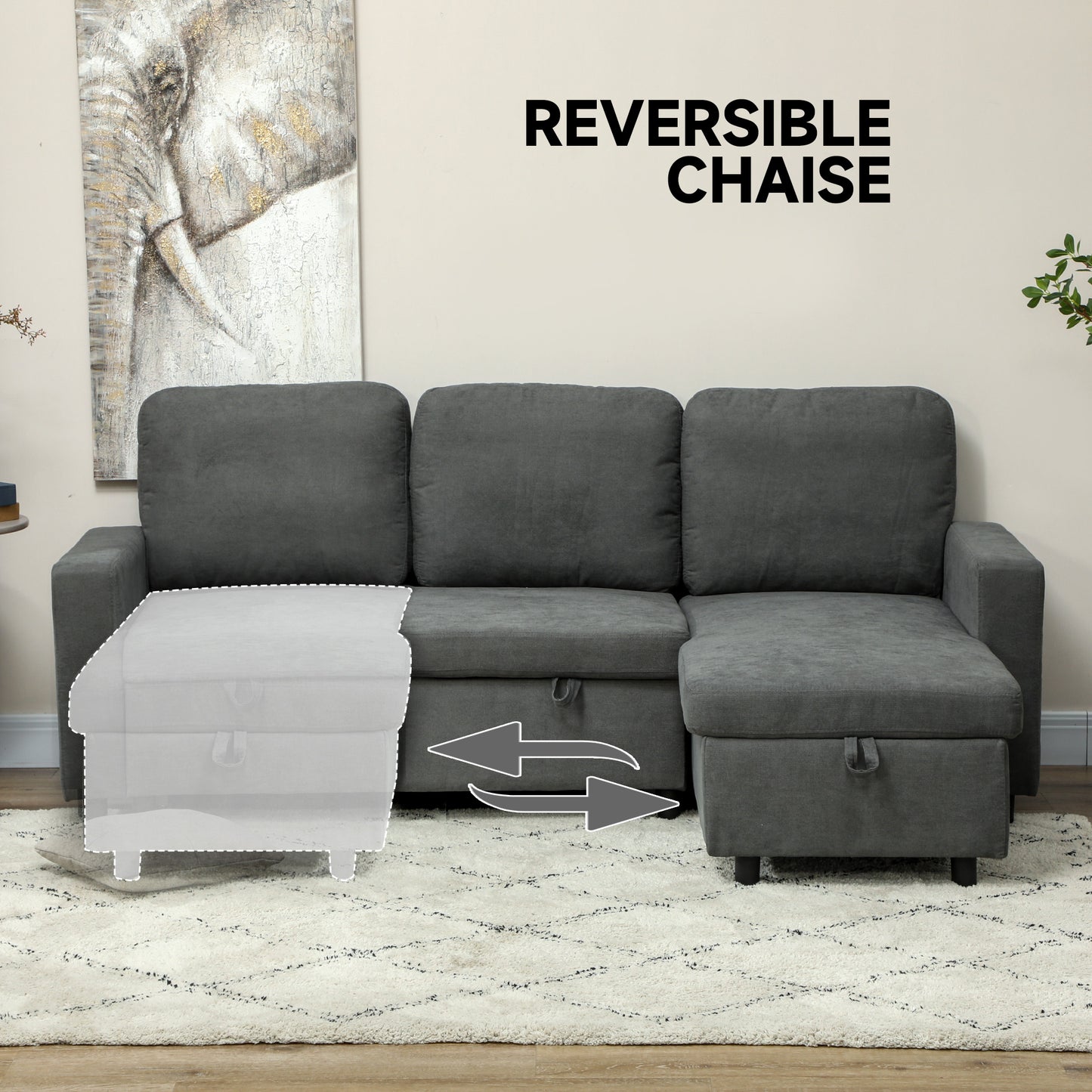 Three Seater Pull Out Sofa Bed L Shape Corner Sofa w/ Reversible Chaise & Storage Space Dark Grey