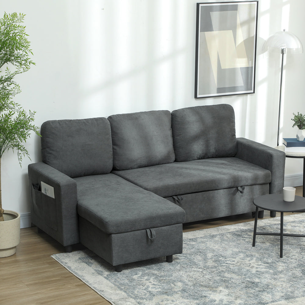 Three Seater Pull Out Sofa Bed L Shape Corner Sofa w/ Reversible Chaise & Storage Space Dark Grey