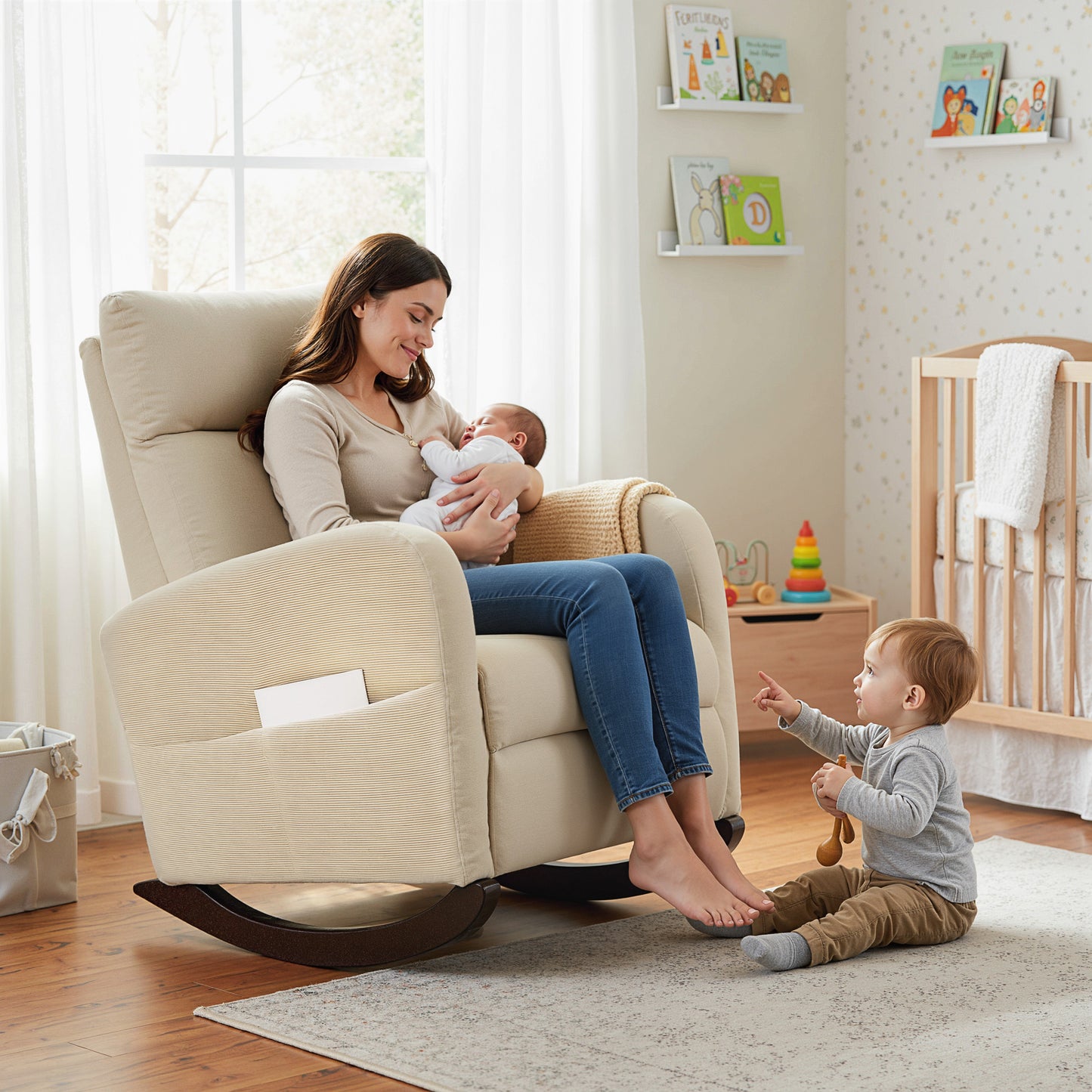 Modern High Back Corduroy Leisure Rocking Chair for Nursery, Beige