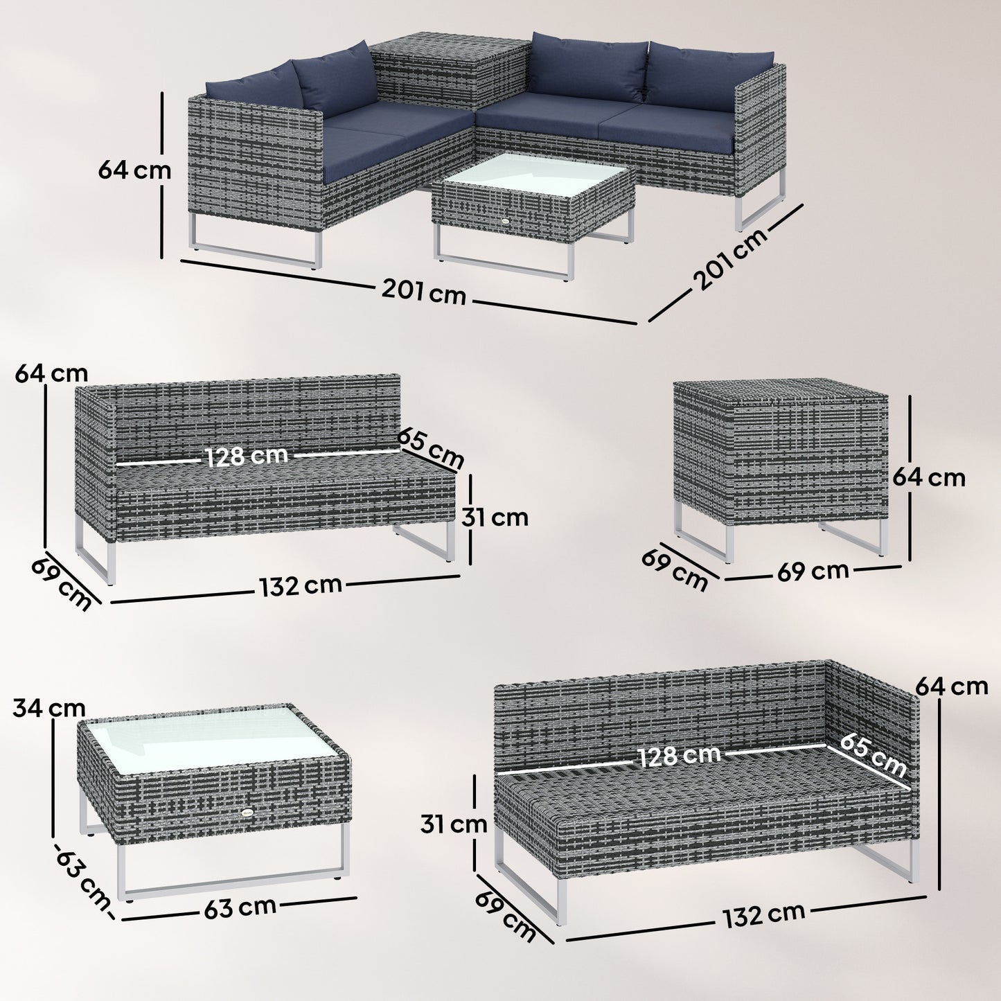 Rattan Garden Furniture Set with Storage Table, Cushions, Dark Blue