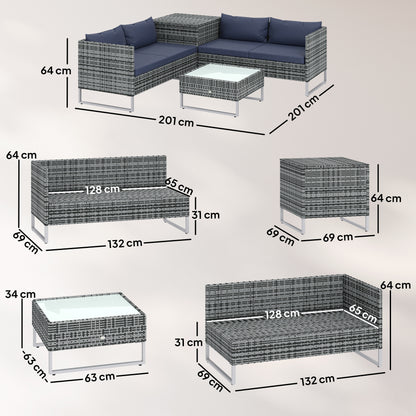Rattan Garden Furniture Set with Storage Table, Cushions, Dark Blue