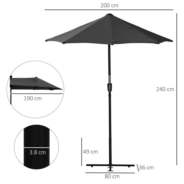 2m Half Parasol Market Umbrella Garden Balcony Parasol with Crank Handle, Base, Double-Sided Canopy, Black