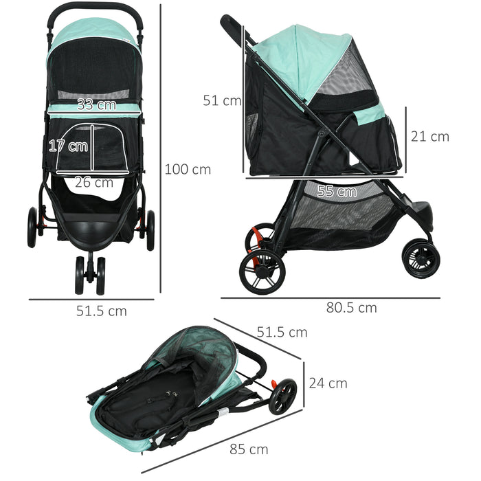 Foldable Pet Stroller with Rain Cover for XS and S-Sized Dogs Green