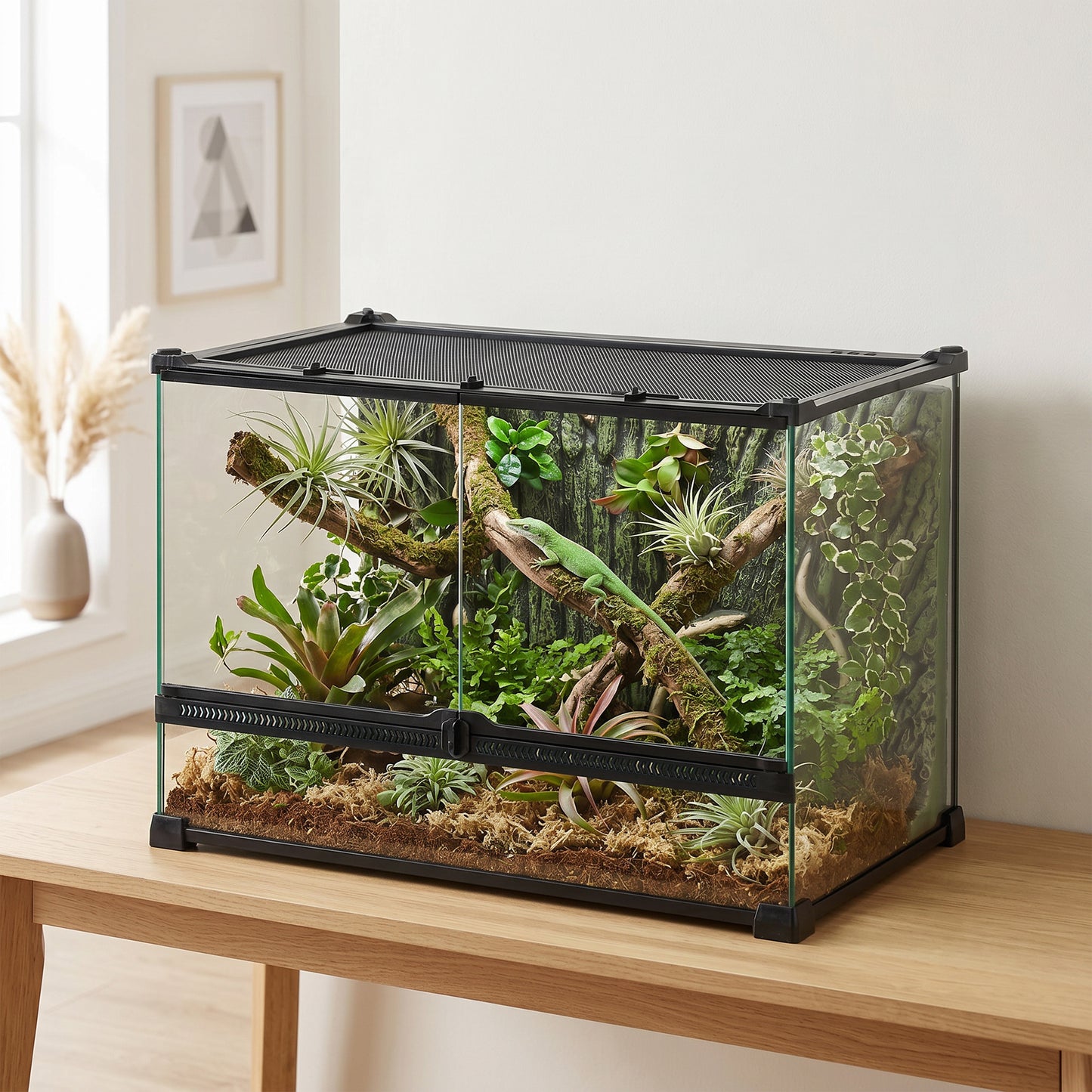 Reptile Glass Terrarium, Reptile Vivarium with Tree Bark Background, Front Ventilation, Escape-Proof Knob Lock, Glass Enclosure for Lizards, Horned Frogs, Snakes, 50 x 30 x 35 cm, Black