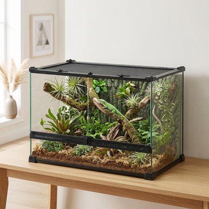 Reptile Glass Terrarium, Reptile Vivarium with Tree Bark Background, Front Ventilation, Escape-Proof Knob Lock, Glass Enclosure for Lizards, Horned Frogs, Snakes, 50 x 30 x 35 cm, Black