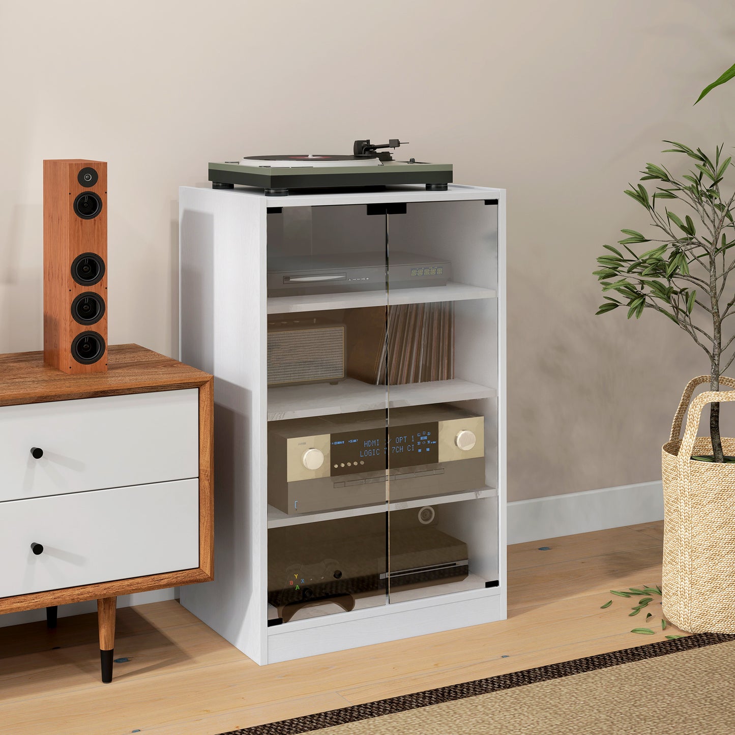 4-Tier Hi-Fi Stand with Adjustable Shelves, White Wood-Effect