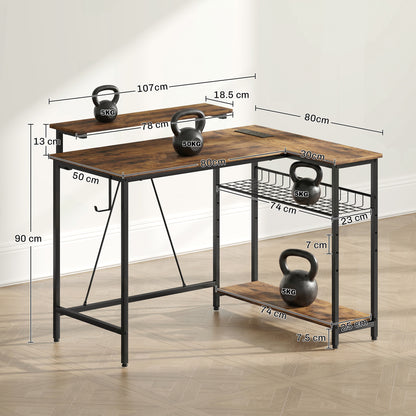 L Shaped Desk with LED Lights and Storage, Rustic Brown