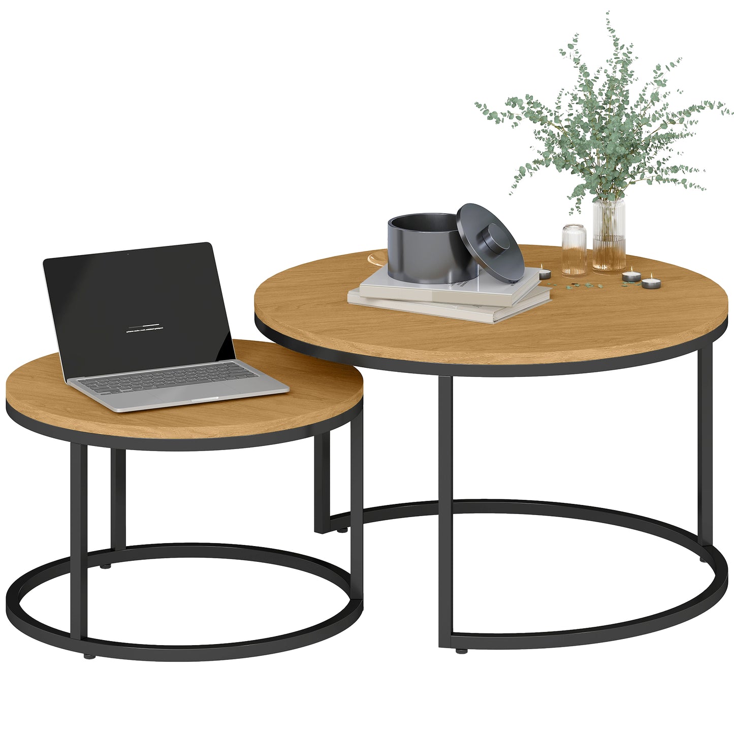 2 Pcs Stacking Coffee Table Set with Steel Frame, Brown Wood Effect