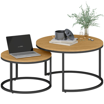 2 Pcs Stacking Coffee Table Set with Steel Frame, Brown Wood Effect