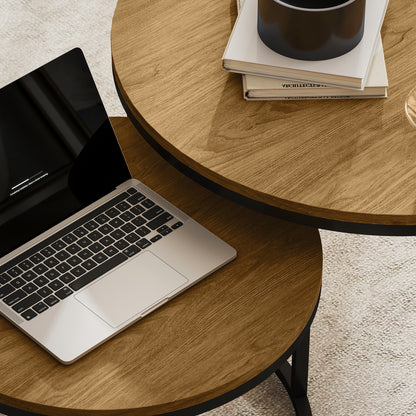 2 Pcs Stacking Coffee Table Set with Steel Frame, Brown Wood Effect