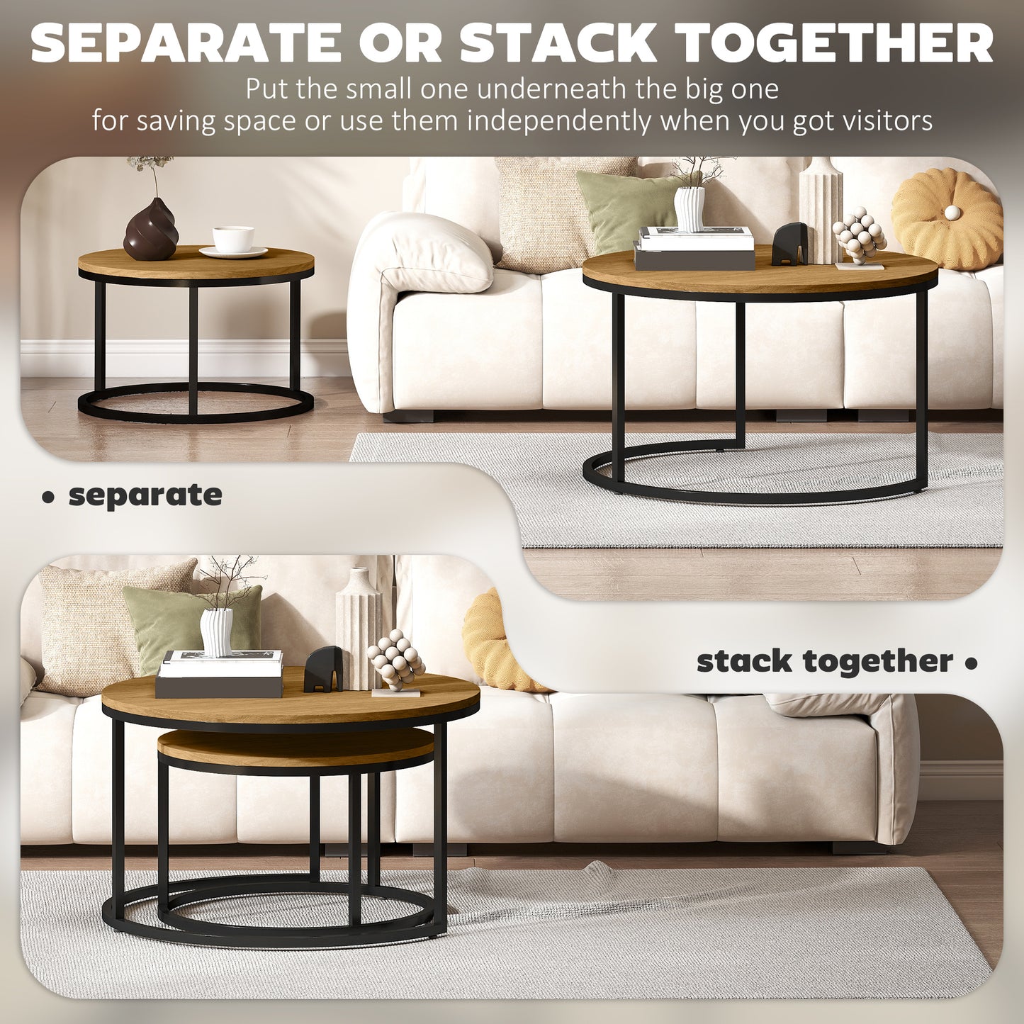 2 Pcs Stacking Coffee Table Set with Steel Frame, Brown Wood Effect