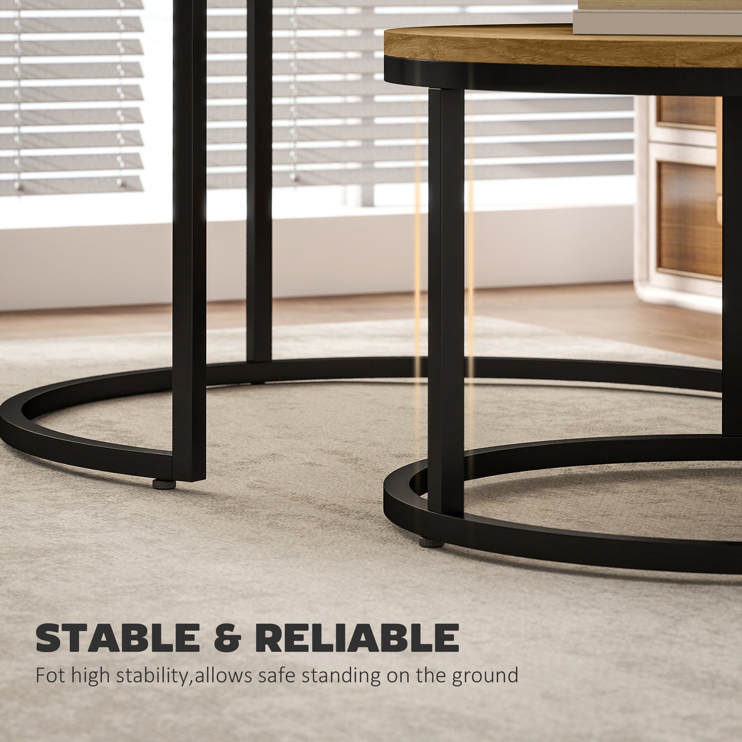 2 Pcs Stacking Coffee Table Set with Steel Frame, Brown Wood Effect