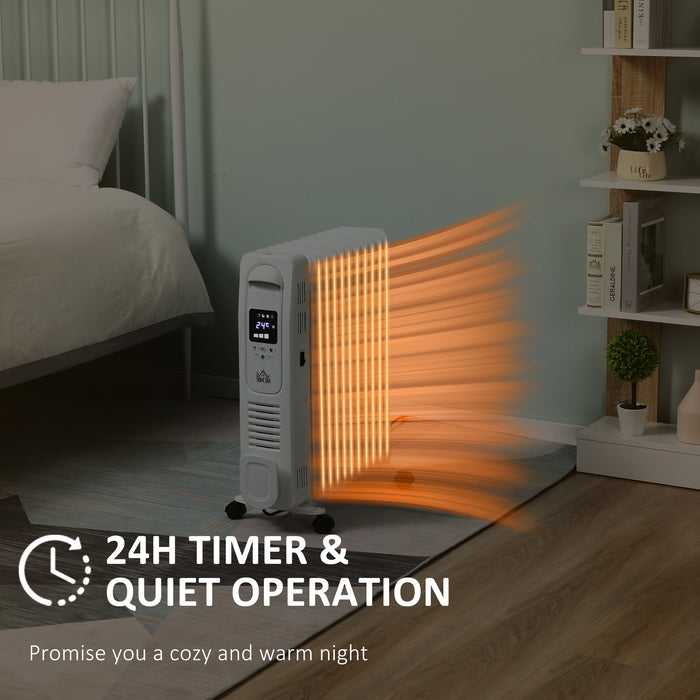 2720W Digital Oil Filled Radiator, 11 Fin, Portable Electric Heater with LED Display, 3 Heat Settings, Safety Cut-Off and Remote Control, White