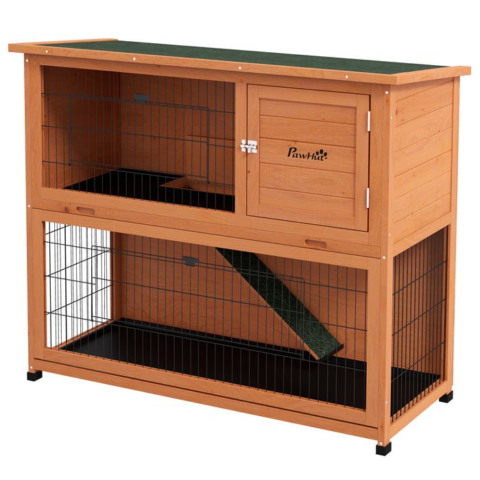 2 Tier Antiseptic Wood Rabbit Hutch with Run Outdoor Orange